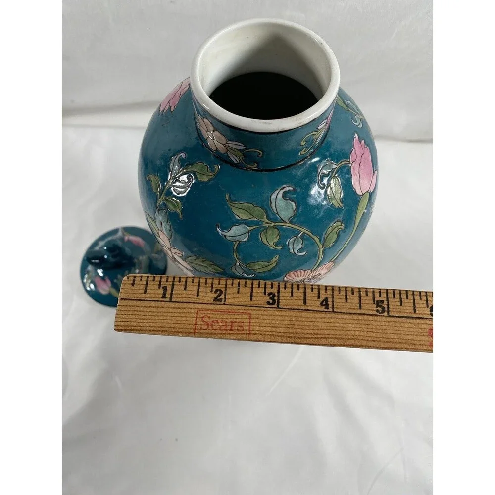 Vintage 1950s Chinoiserie Enamel Jar Mid Century Eastern Art w/Stand #295